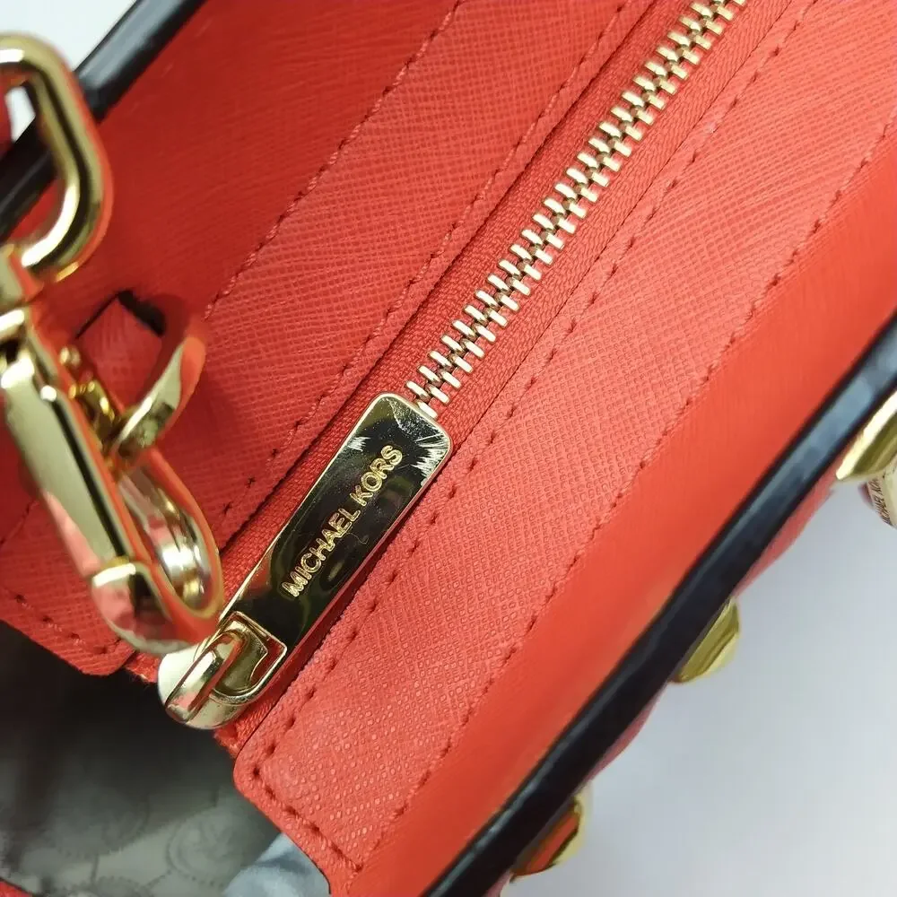 Michael Kors Selma Red Saffiano Leather Studded Top Handle Satchel Shoulder Bag
